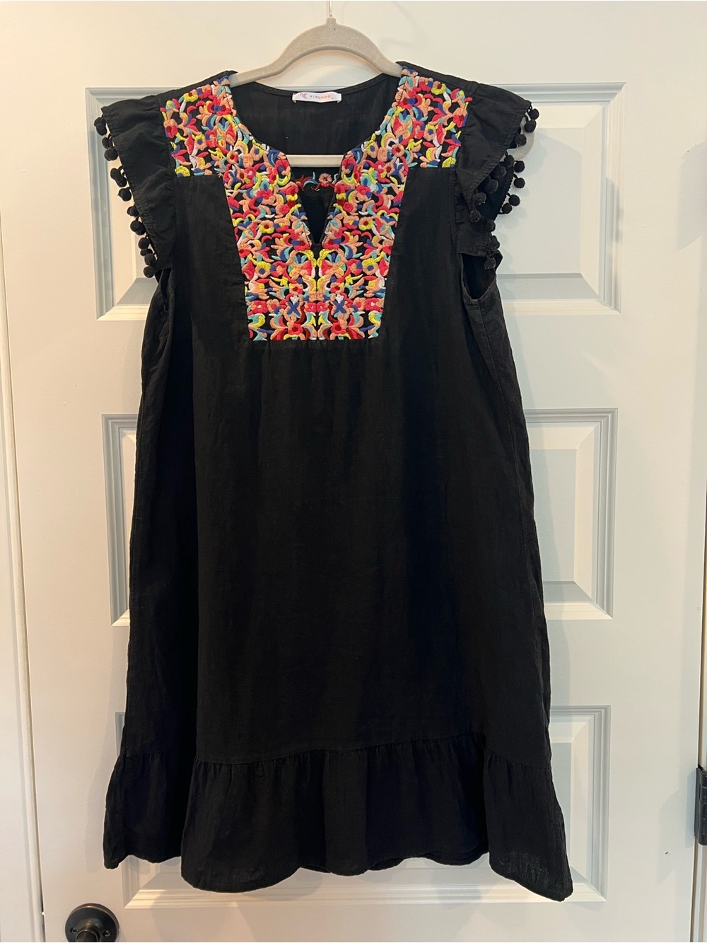 Kirundo Black Floral Embroidered Boho Mini Shift Dress M Pom Pom - Picture 2 of 8